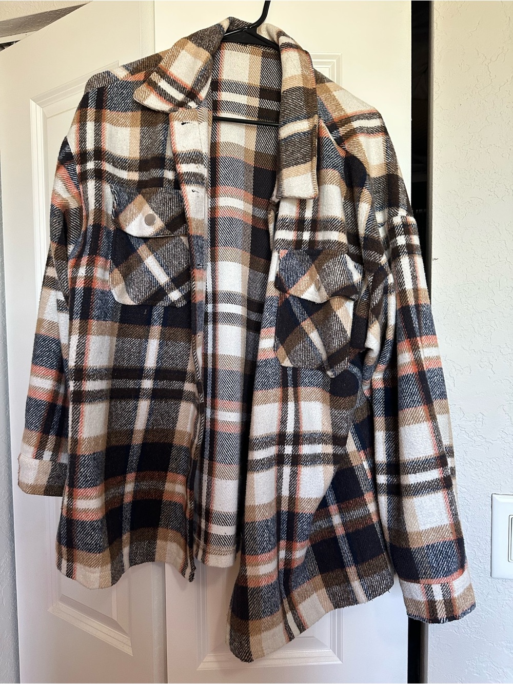Source Unknown Plaid Button-Down Shirt Jacket in Black, Cream, Tan